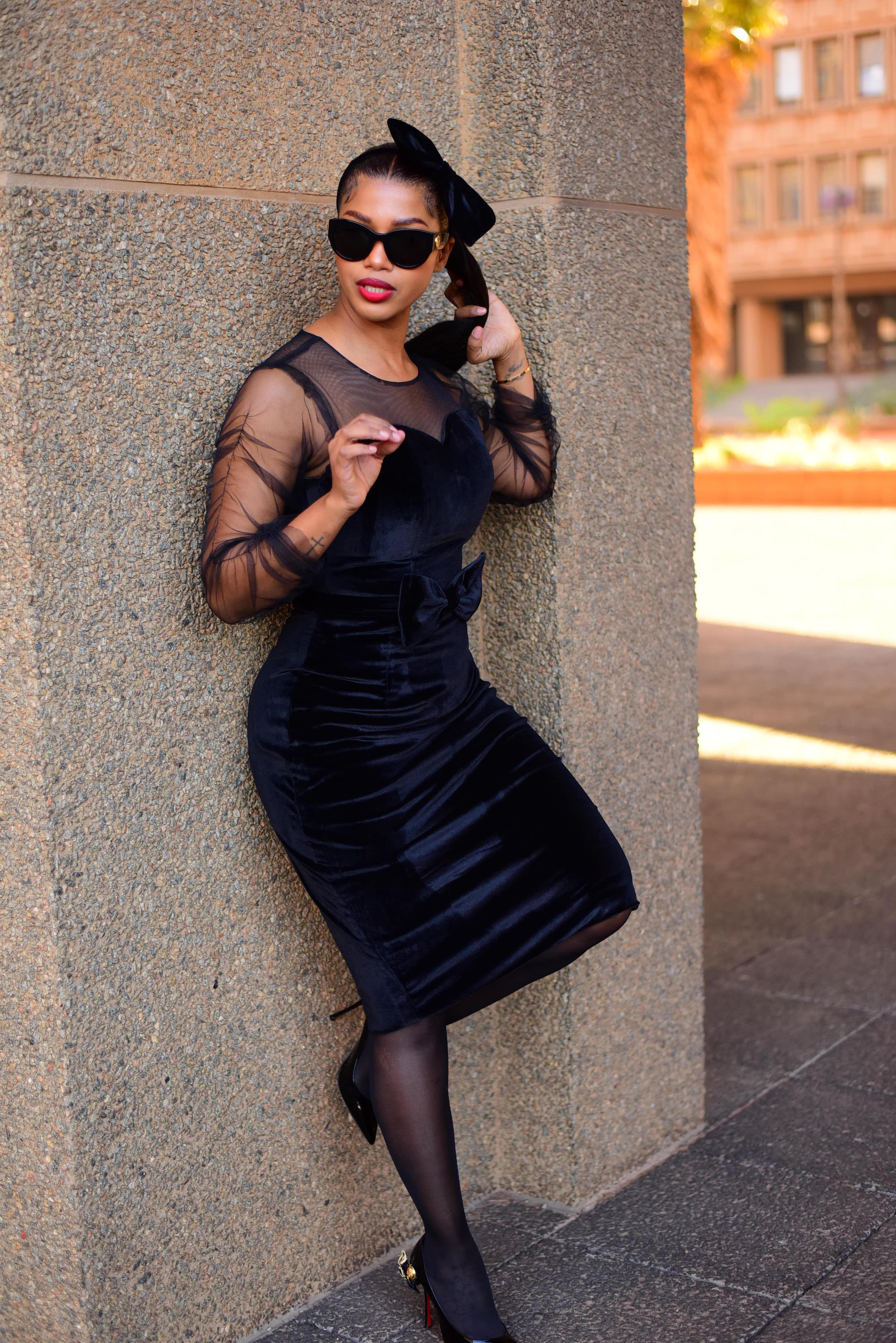 Elegant Black Velvet Dress with black Lace sleeves