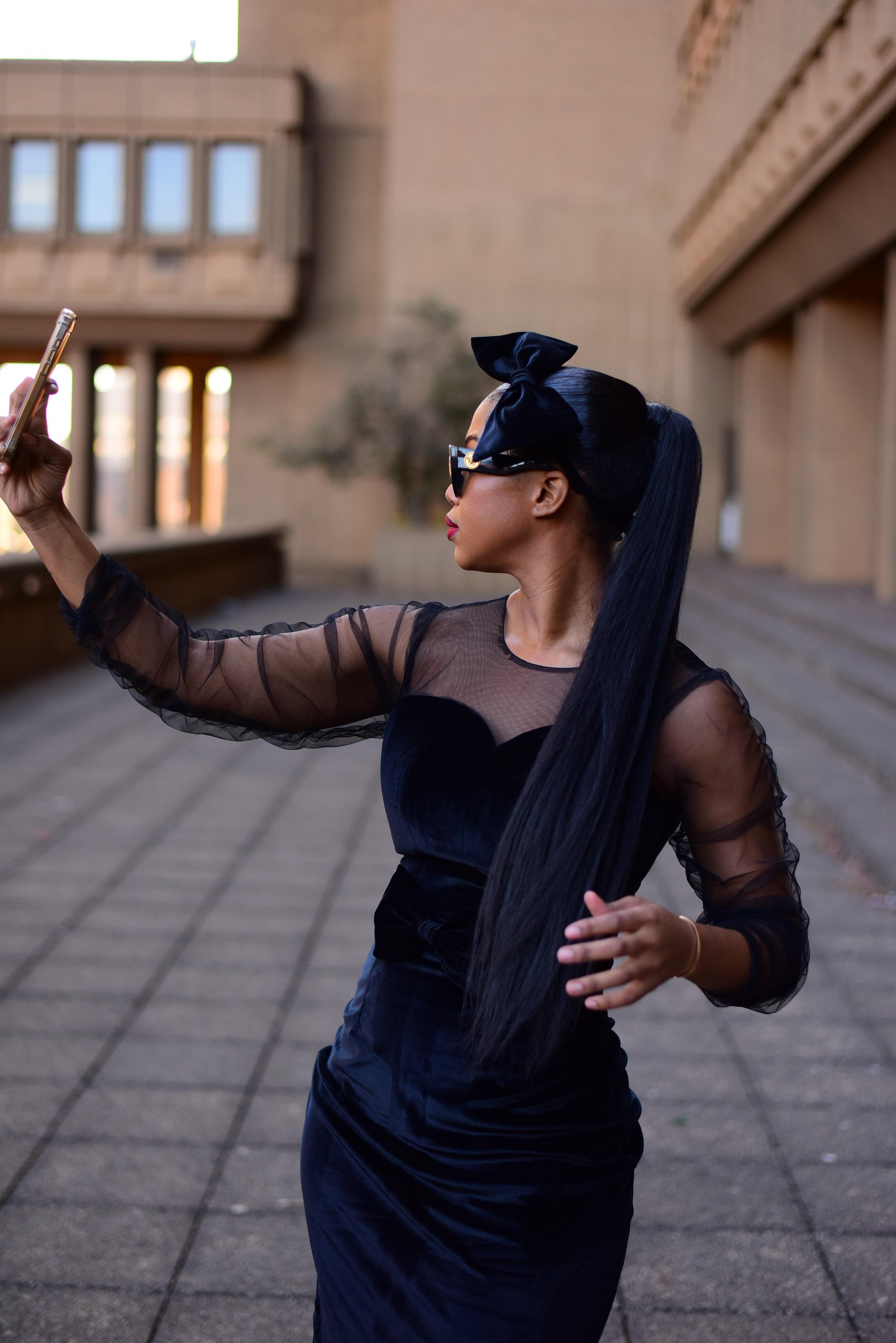 Elegant Black Velvet Dress with black Lace sleeves