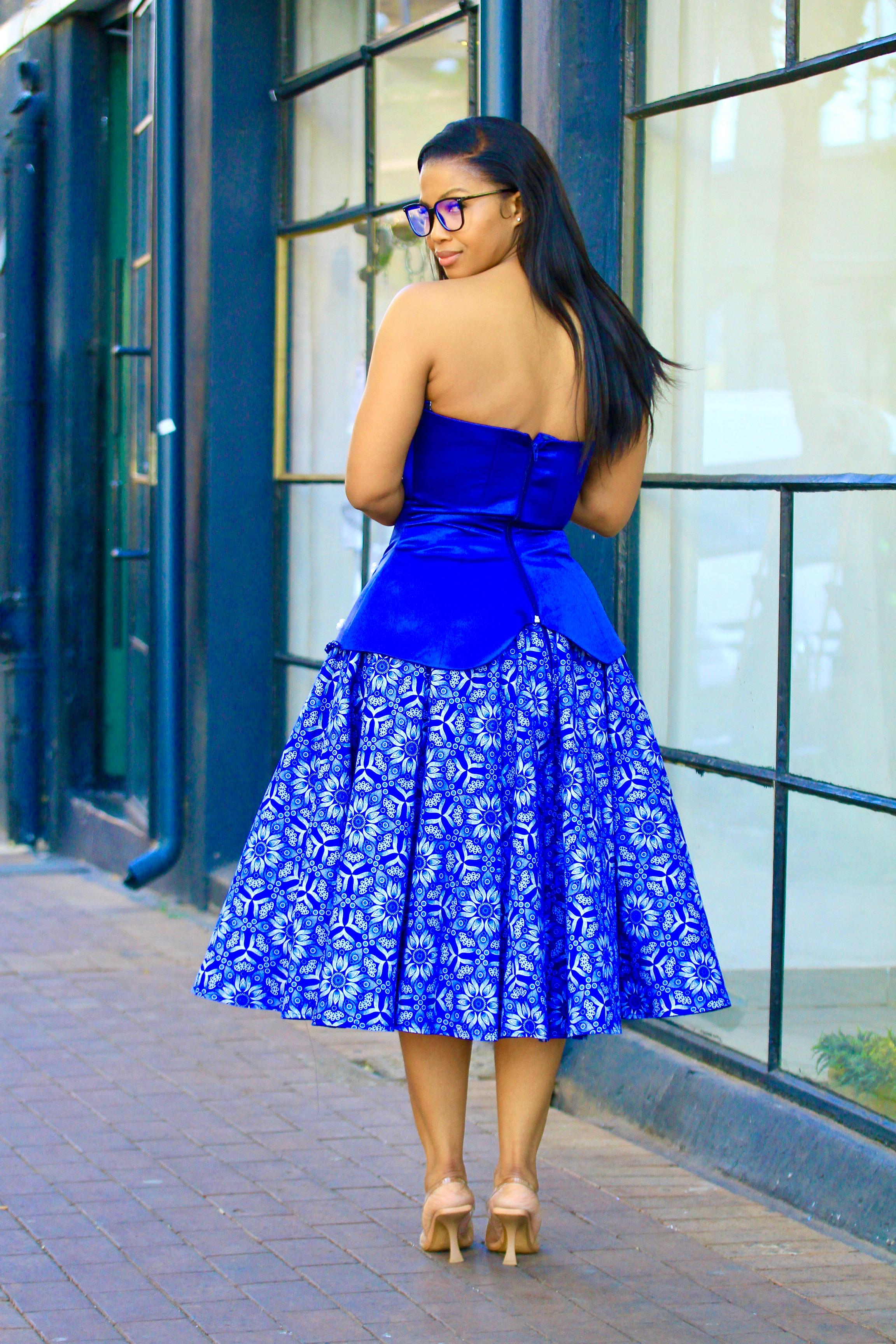 Royal blue two piece with blue and white beads