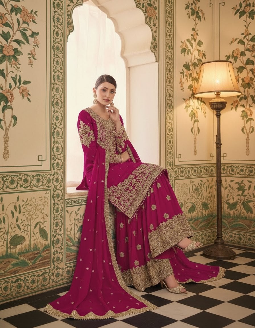 Embroidered Magenta - Sharara (3 Piece Set)
