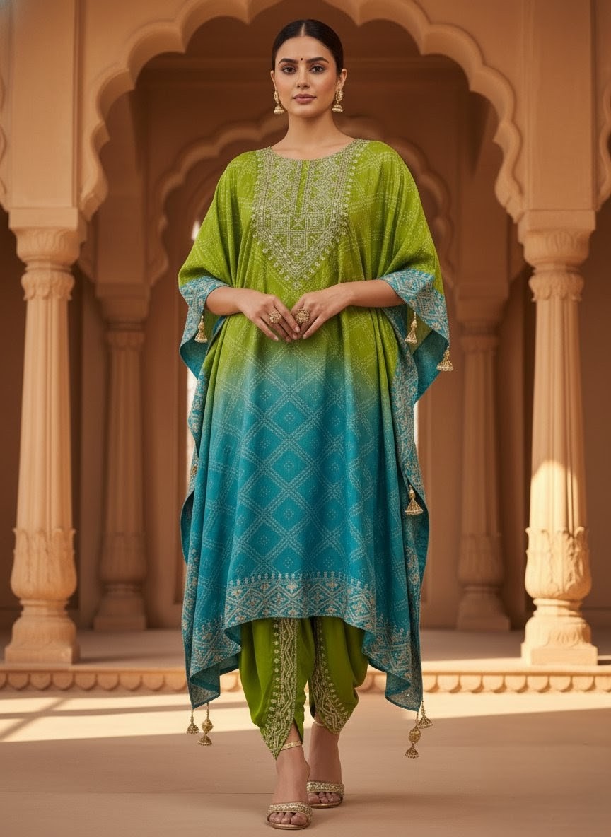 Elegant Green and Blue Ethnic Kaftan Set
