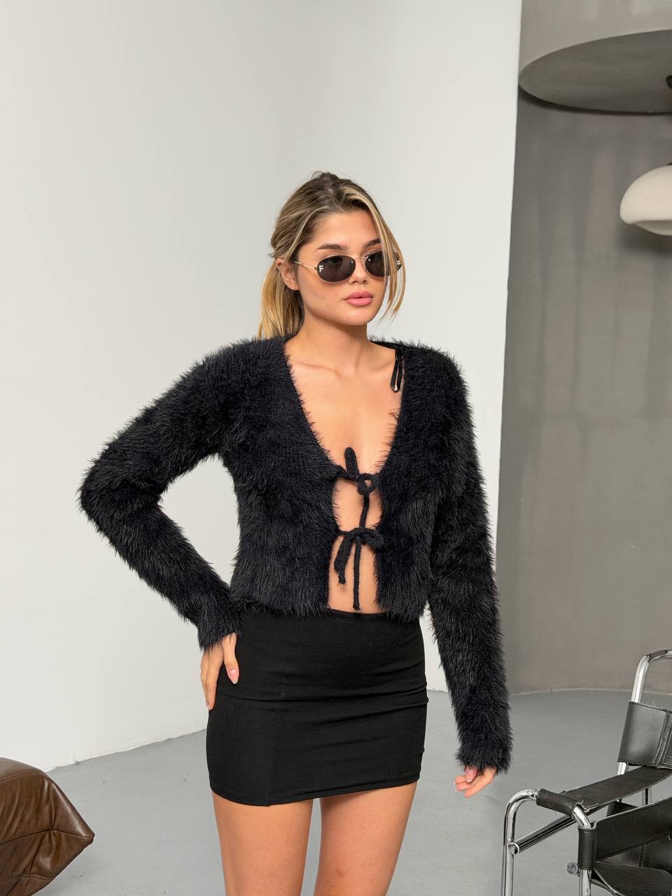 Black Fuzzy Tie-Front Cardigan