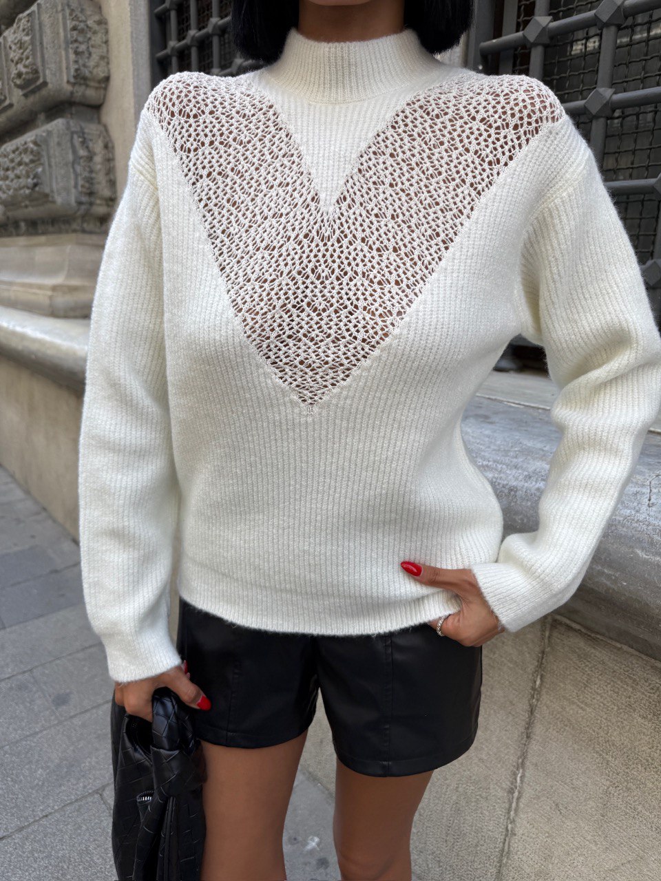 White Knitted Sweater with Patterned V