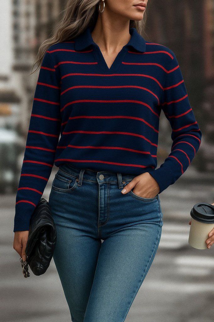 Navy Blue Striped Polo Sweater