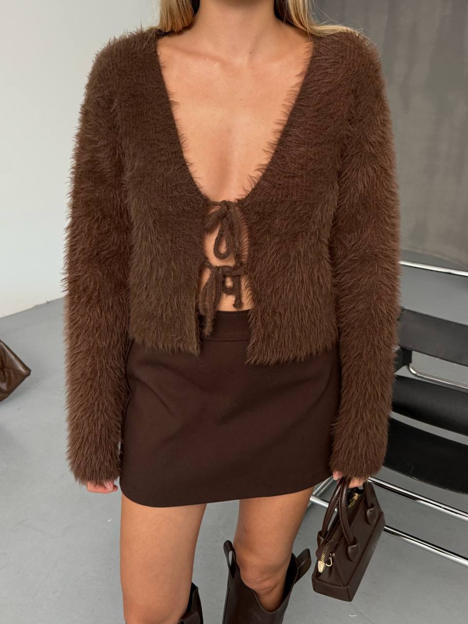 Brown Fuzzy Tie-Front Cardigan