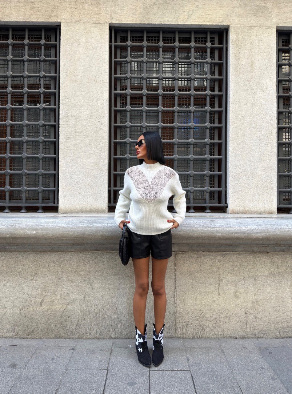 White Knitted Sweater with Patterned V