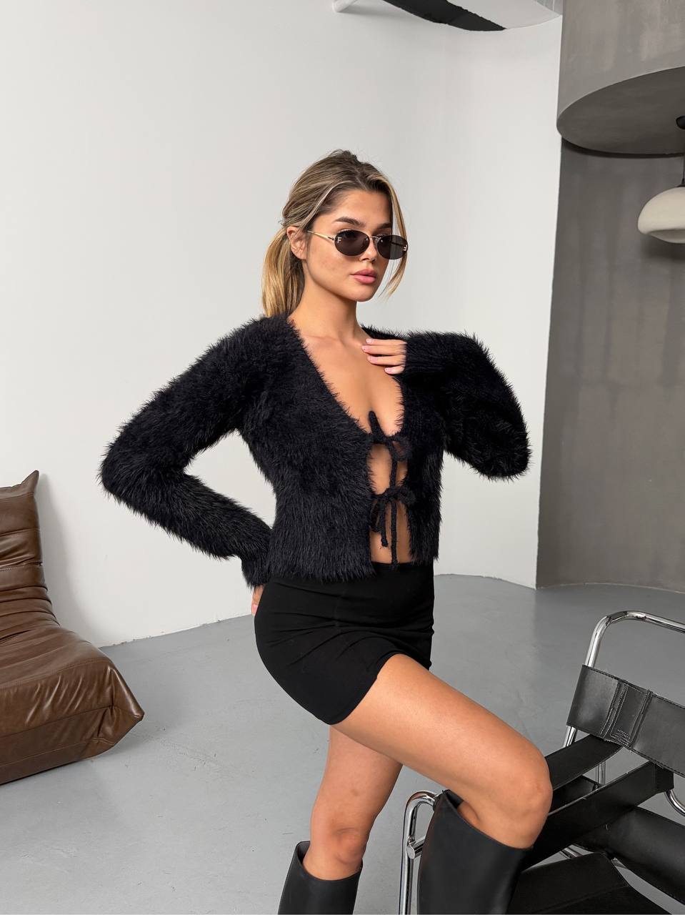 Black Fuzzy Tie-Front Cardigan