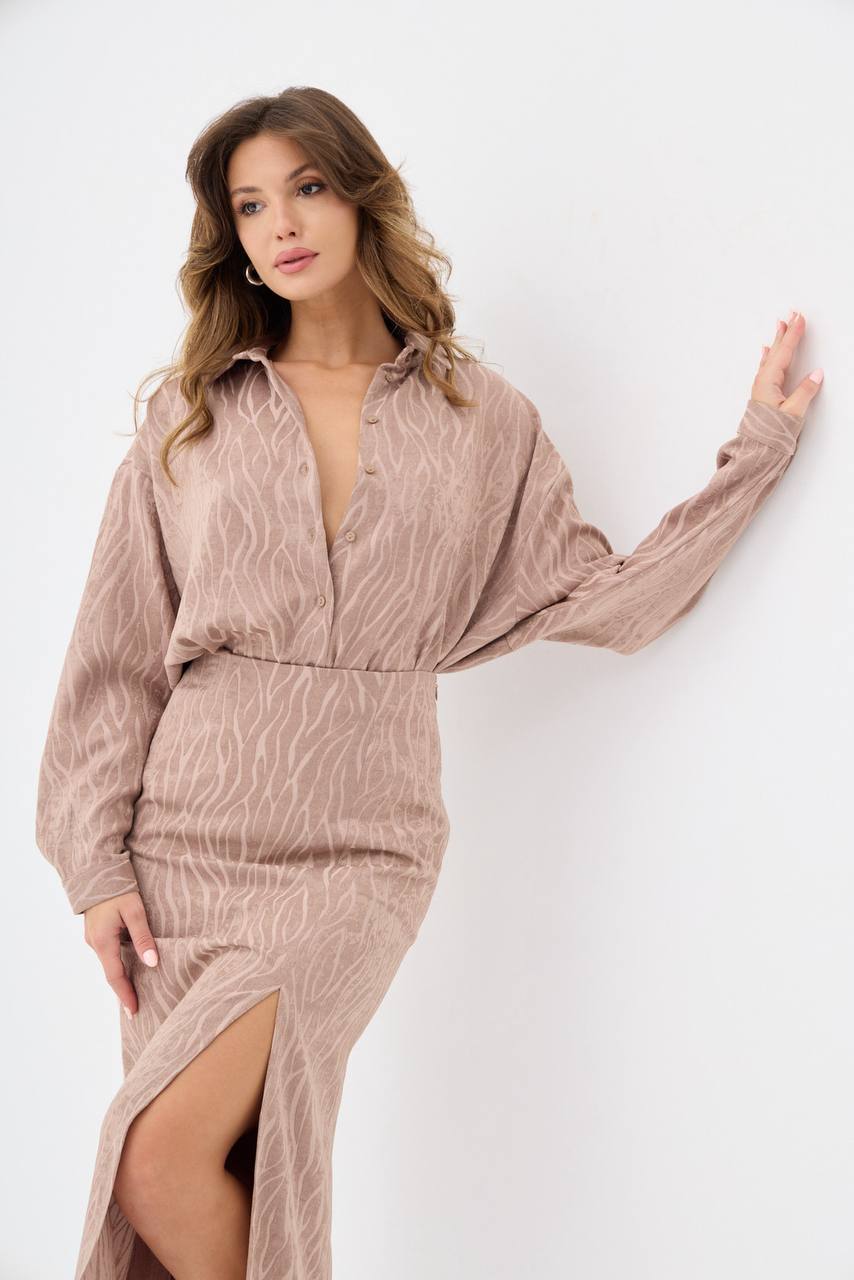 Brown Patterned Long-Sleeve Dress