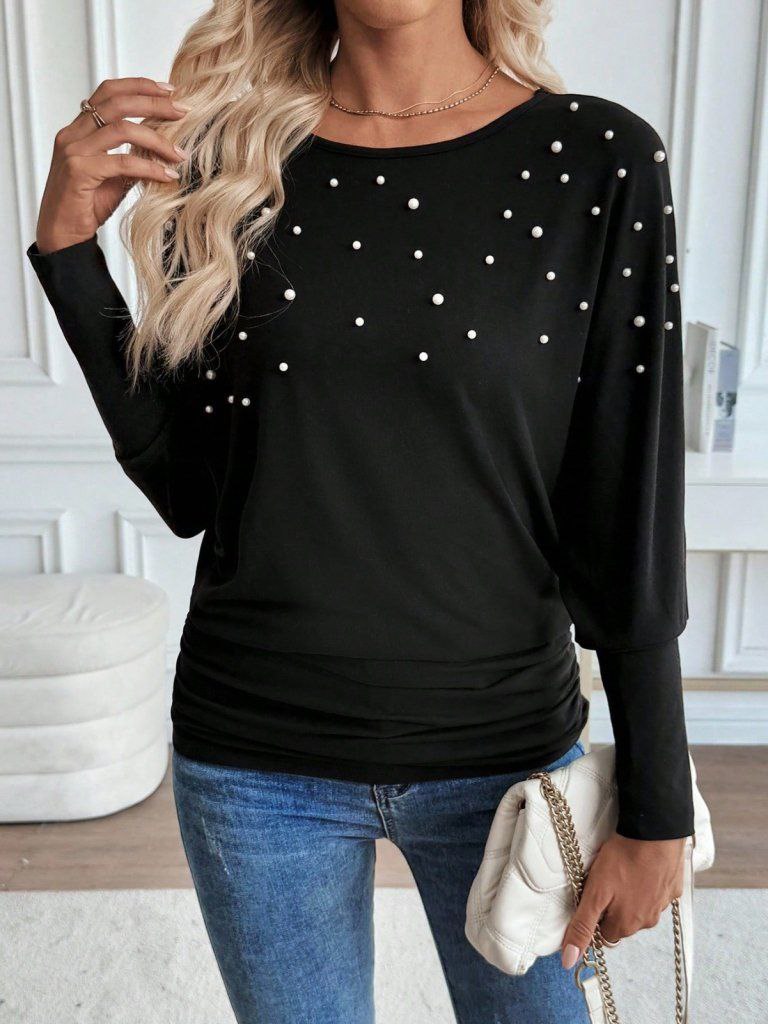 Black Pearl-Embellished Long Sleeve Top