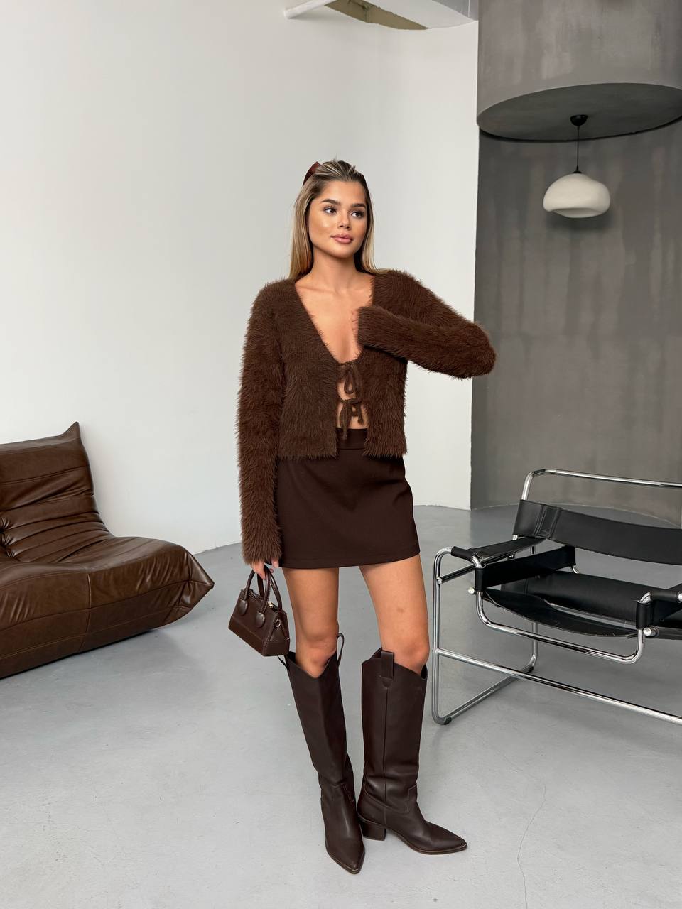 Brown Fuzzy Tie-Front Cardigan