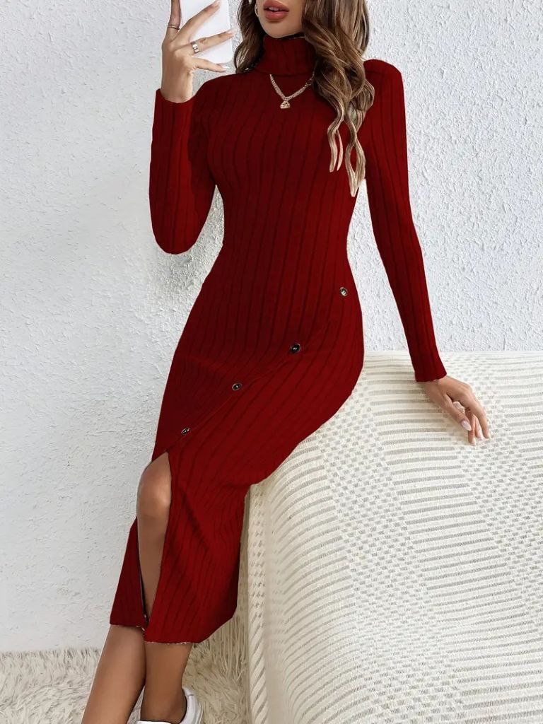 Black Ribbed Knit Turtleneck Dress