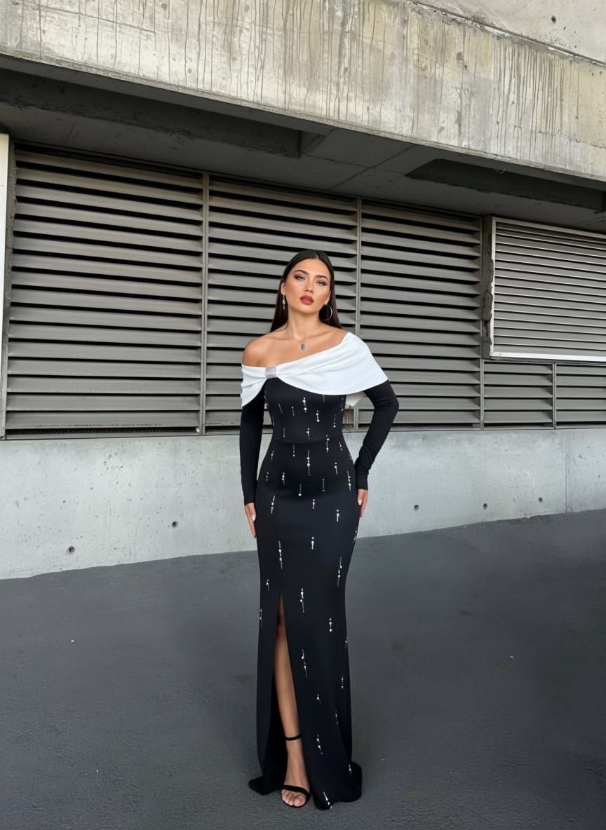 Elegant Black and White Off-Shoulder Evening Dress