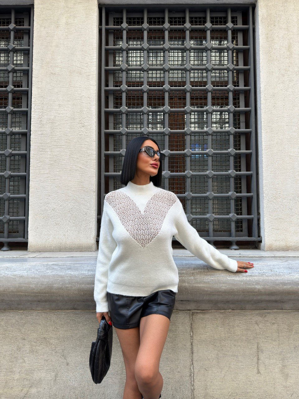 White Knitted Sweater with Patterned V