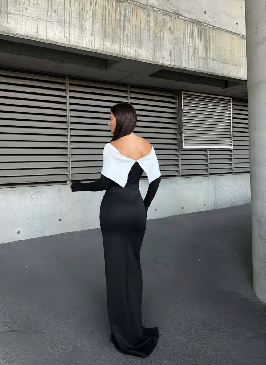 Elegant Black and White Off-Shoulder Evening Dress