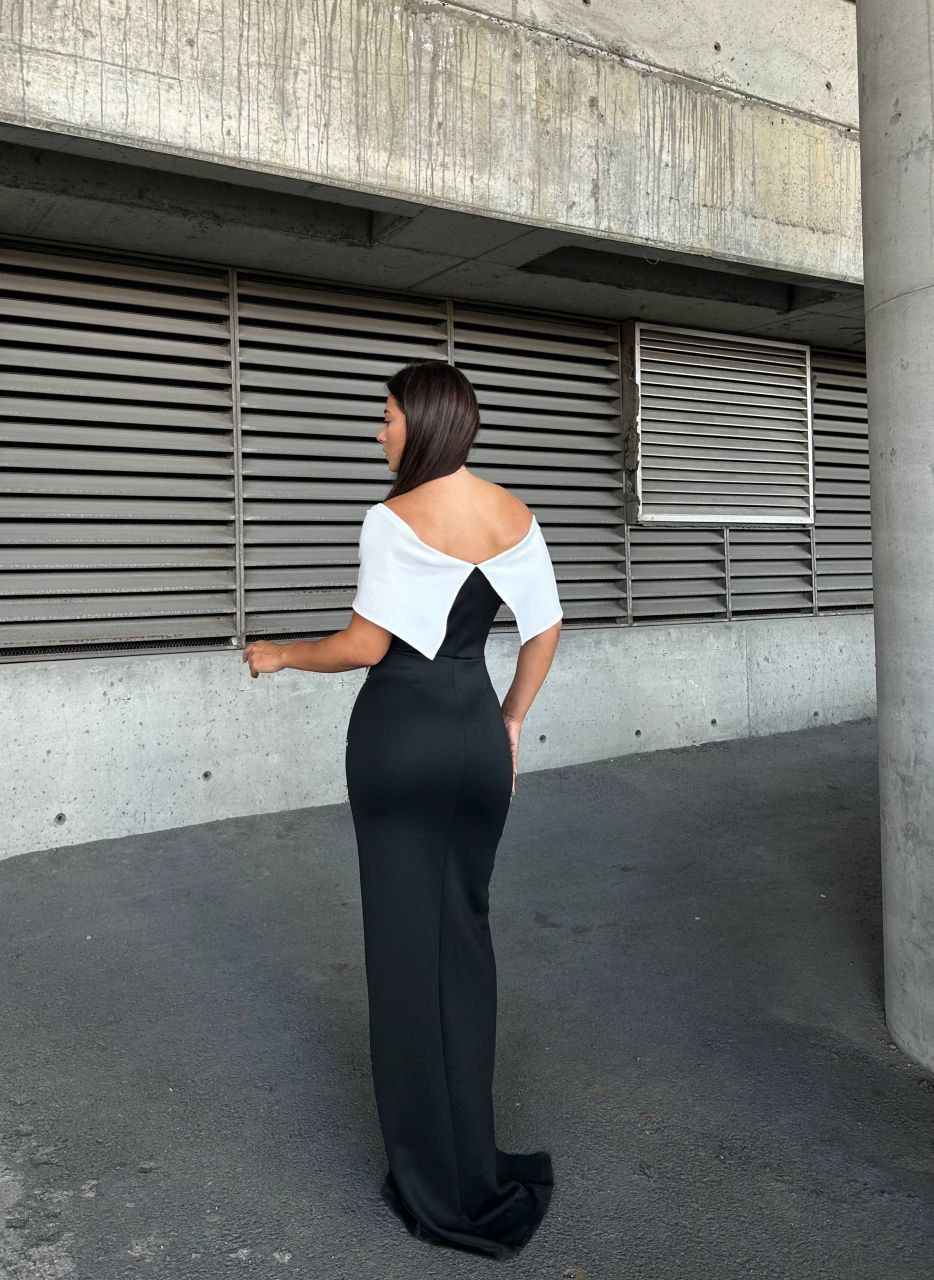 Elegant Black and White Off-Shoulder Evening Dress