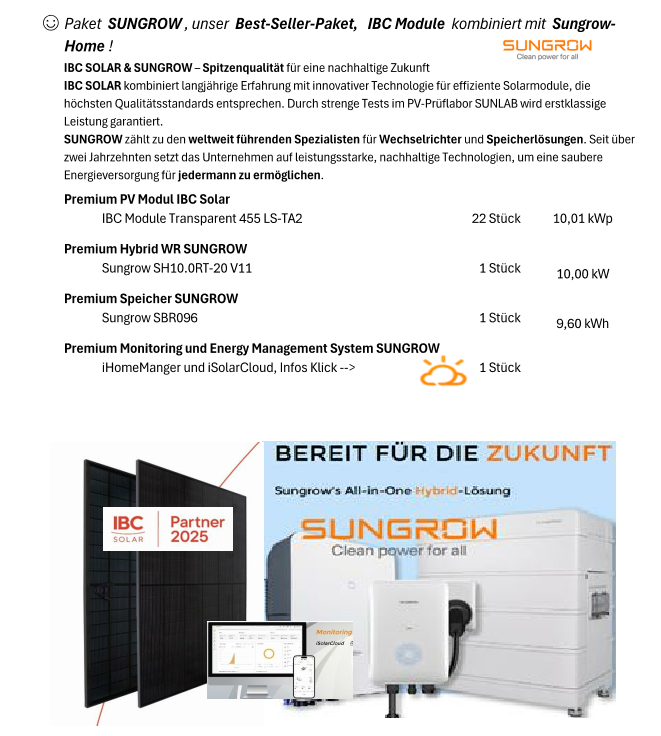 PV-Paket-Home "SUNGROW & IBC Solar" 10,01 kWp mit 9,6 kWh Speicher