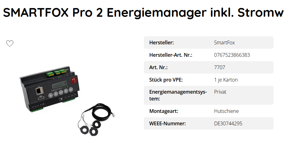 SMARTFOX Pro 2 Energiemanager inkl. Stromwandler