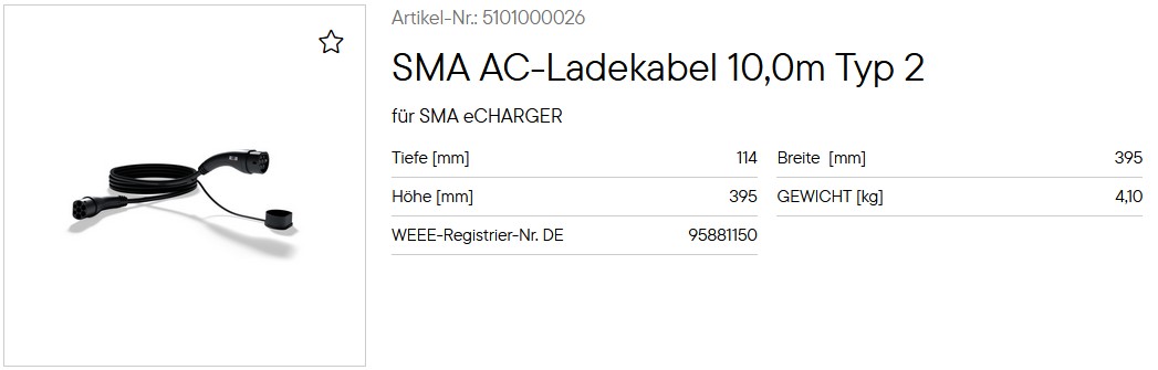 SMA AC-Ladekabel 10,0m Typ 2