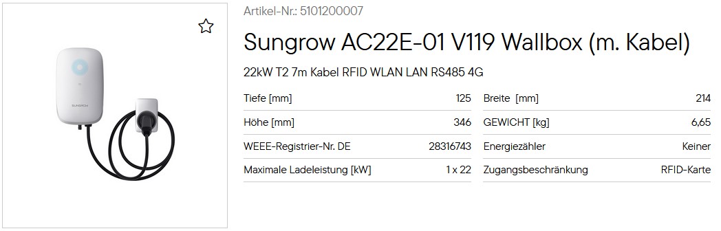 Sungrow AC22E-01 Wallbox (mit Kabel) 22 kW Ladestation mit RFID und WLAN