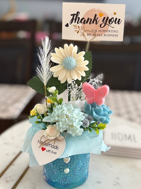 Handmade Floral Arrangement in Blue Jar