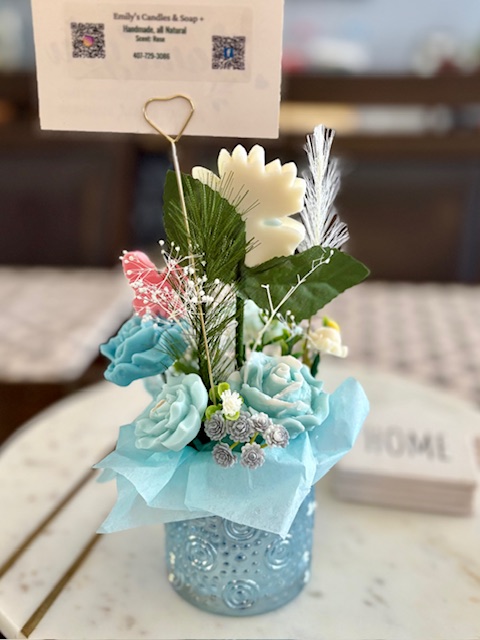 Handmade Floral Arrangement in Blue Jar