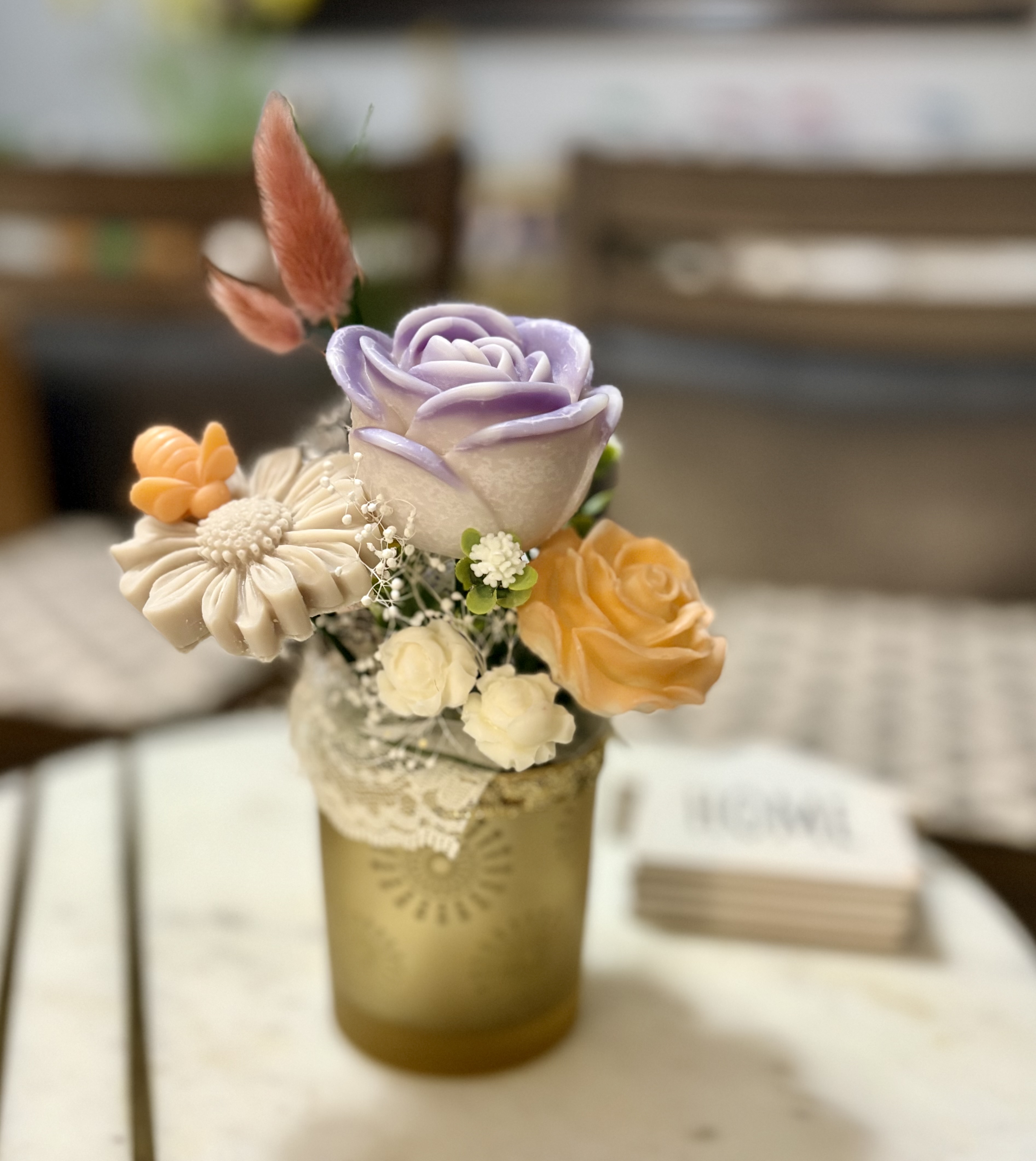 Decorative Flower Arrangement in Frosted Glass Vase