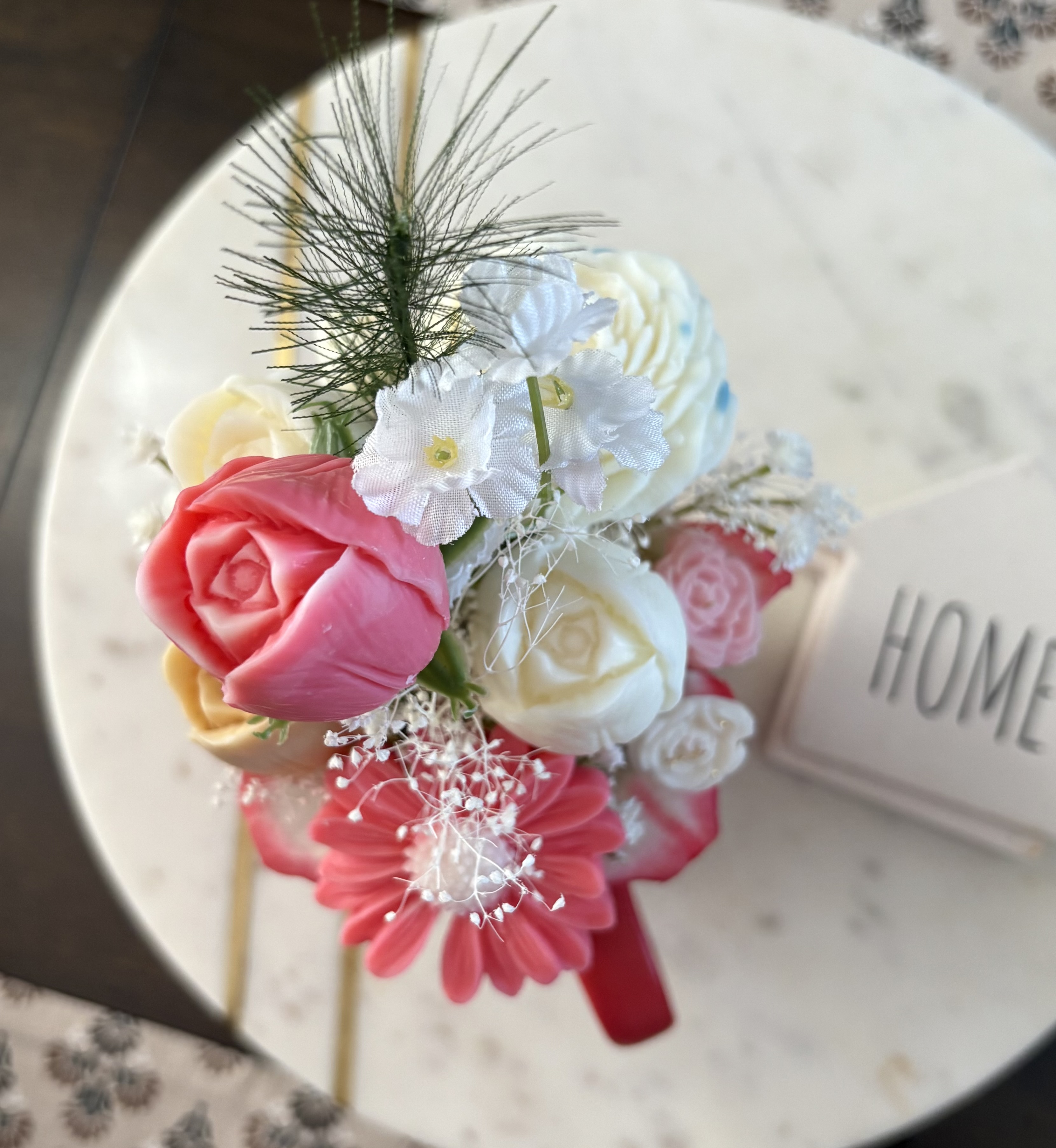 Handmade scented Floral Arrangement in Red Vase