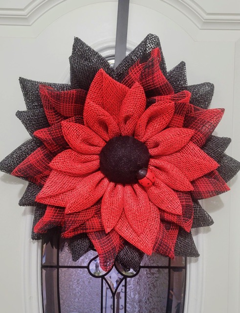 Red and Black Burlap Flower Wreath