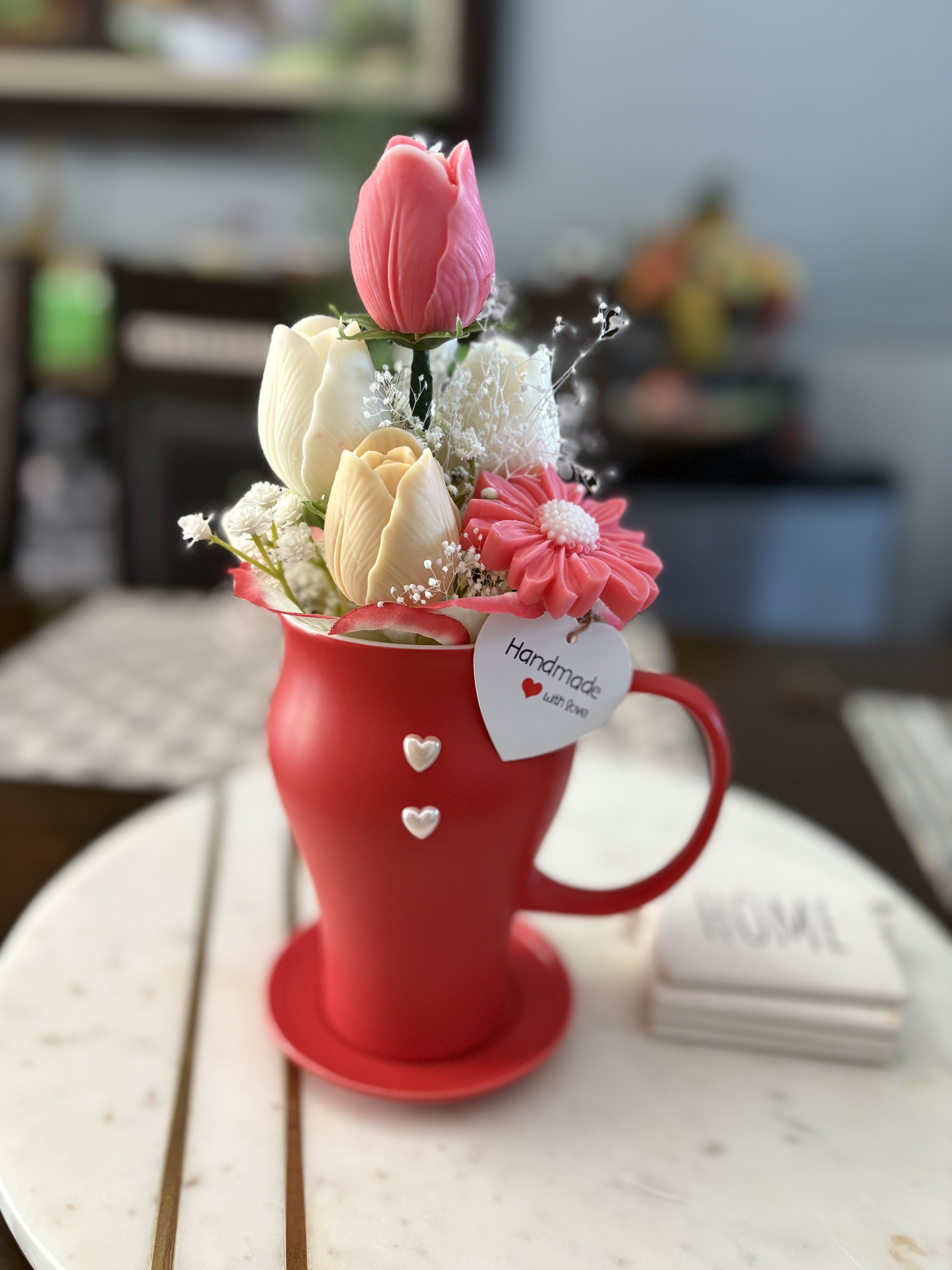 Handmade scented Floral Arrangement in Red Vase