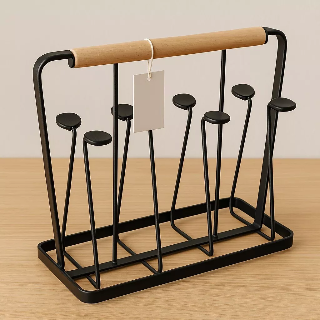 Tassenhalter Metall Holz Schwarz 6 Tassen – Tassenständer Küche Mugholder