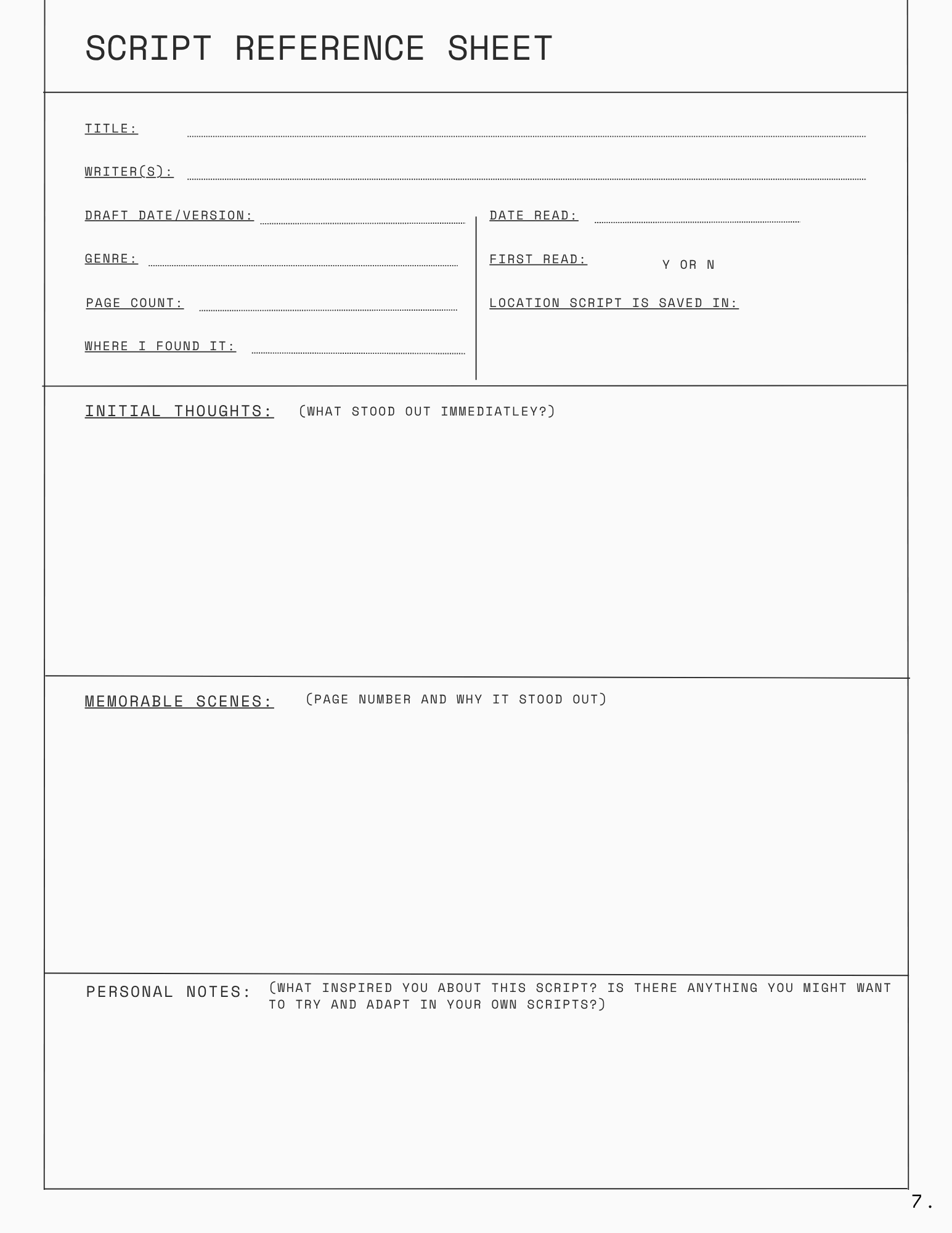 Read Like a Screenwriter: Workbook & Reference Guide