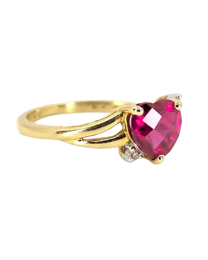 10k Faceted Ruby Heart Ring with Diamond Accents