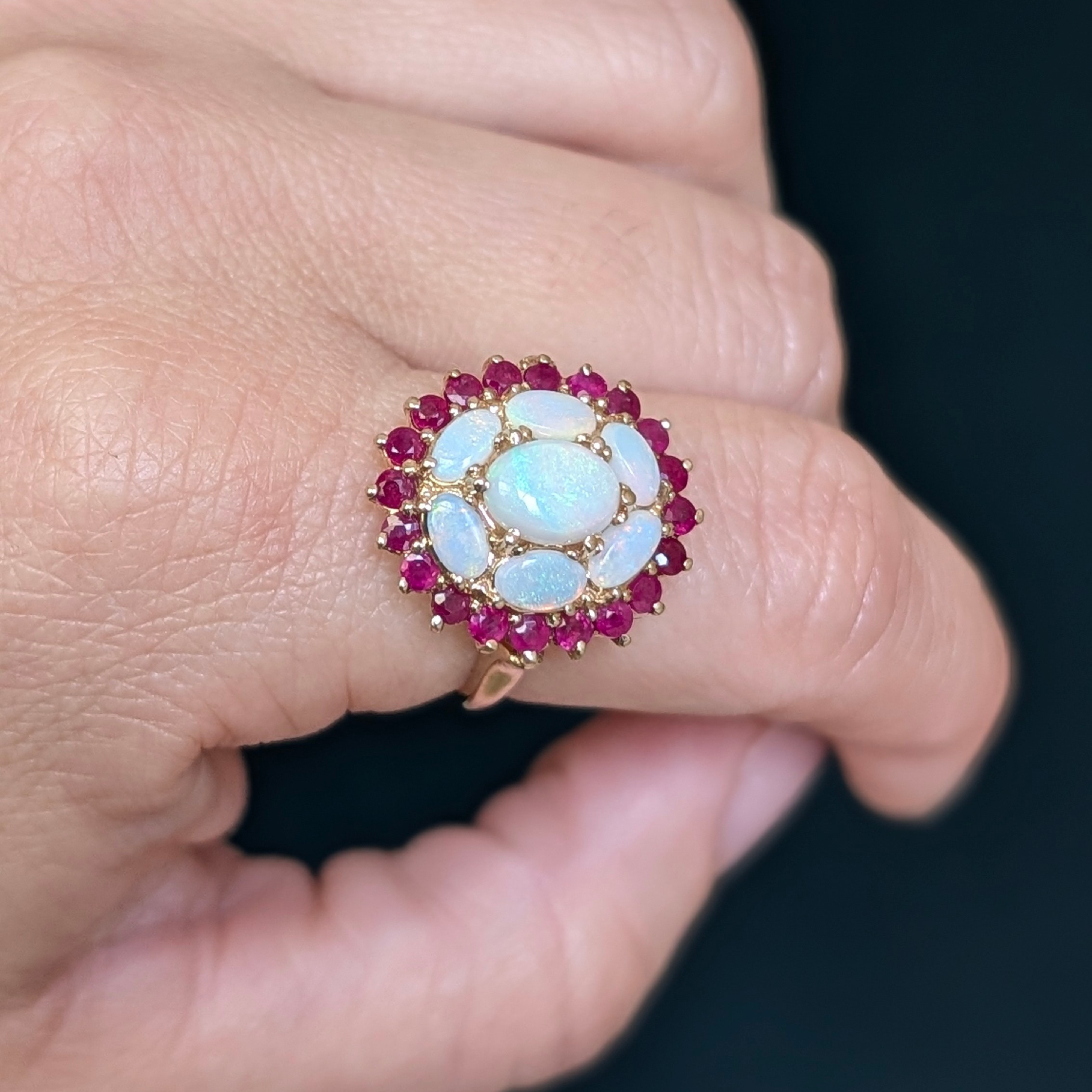 Gold Opal & Ruby Cluster Ring