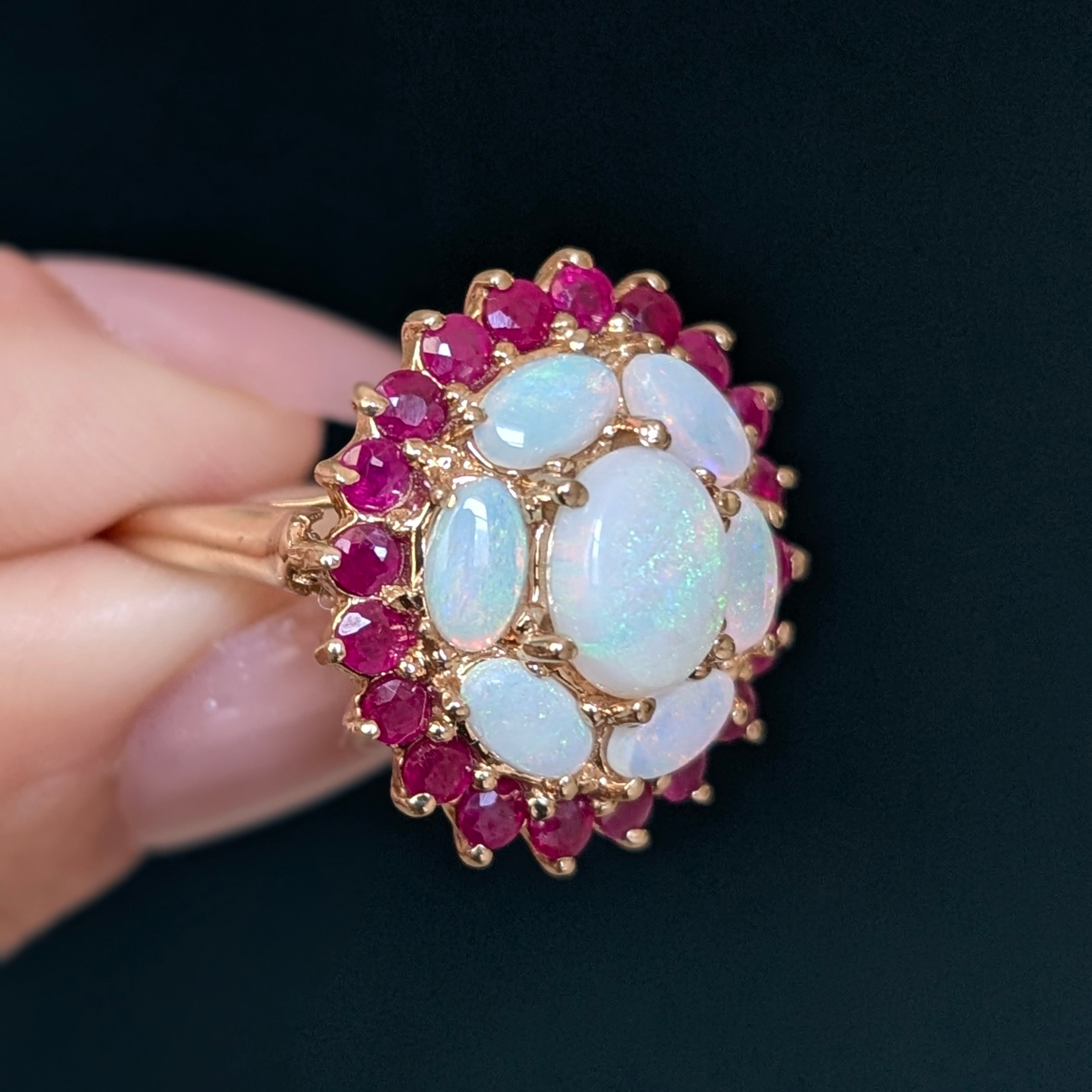 Gold Opal & Ruby Cluster Ring