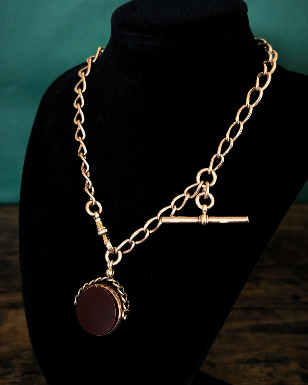 Chunky Antique Watch Chain with Fob Spinner, T-Bar and Dog Clip