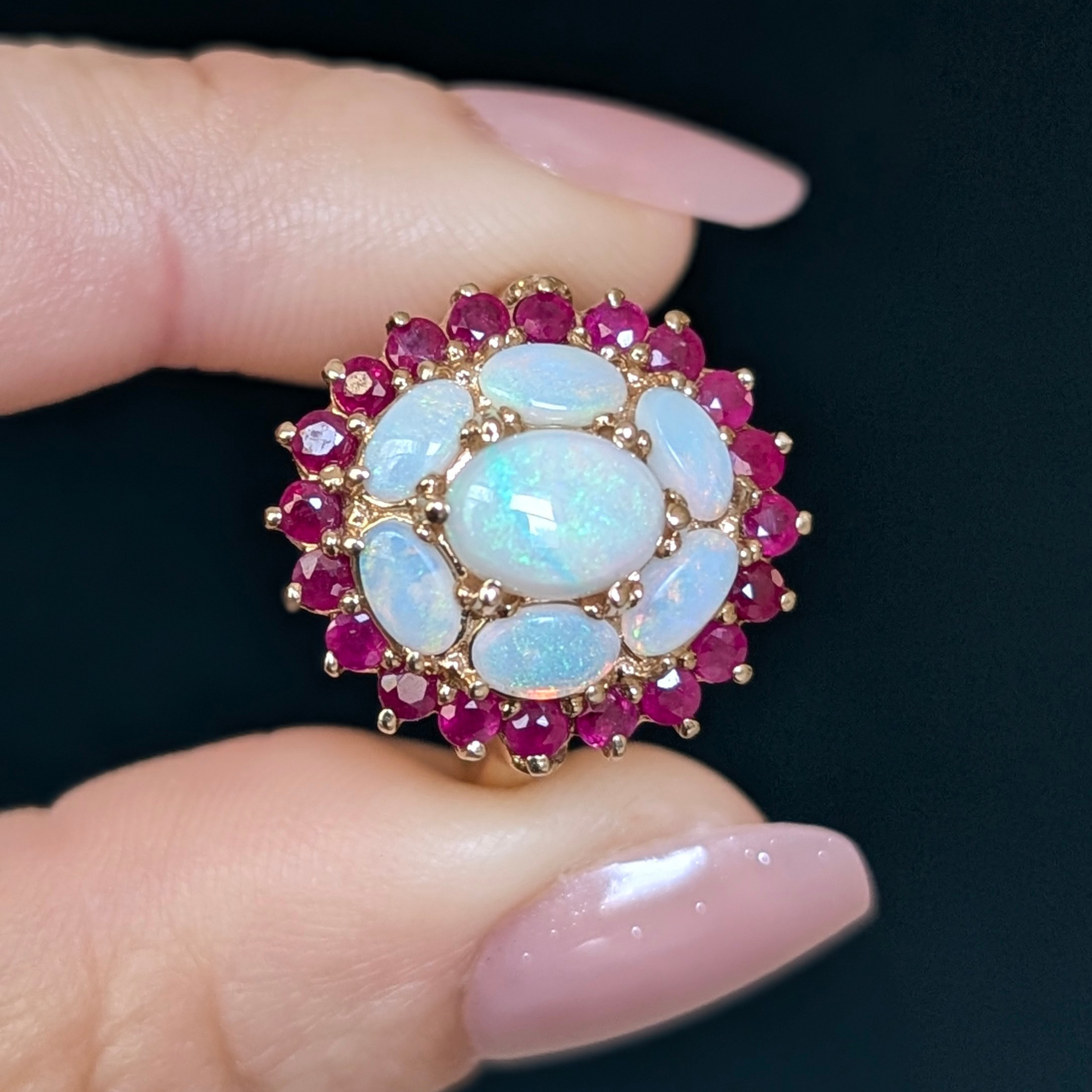 Gold Opal & Ruby Cluster Ring