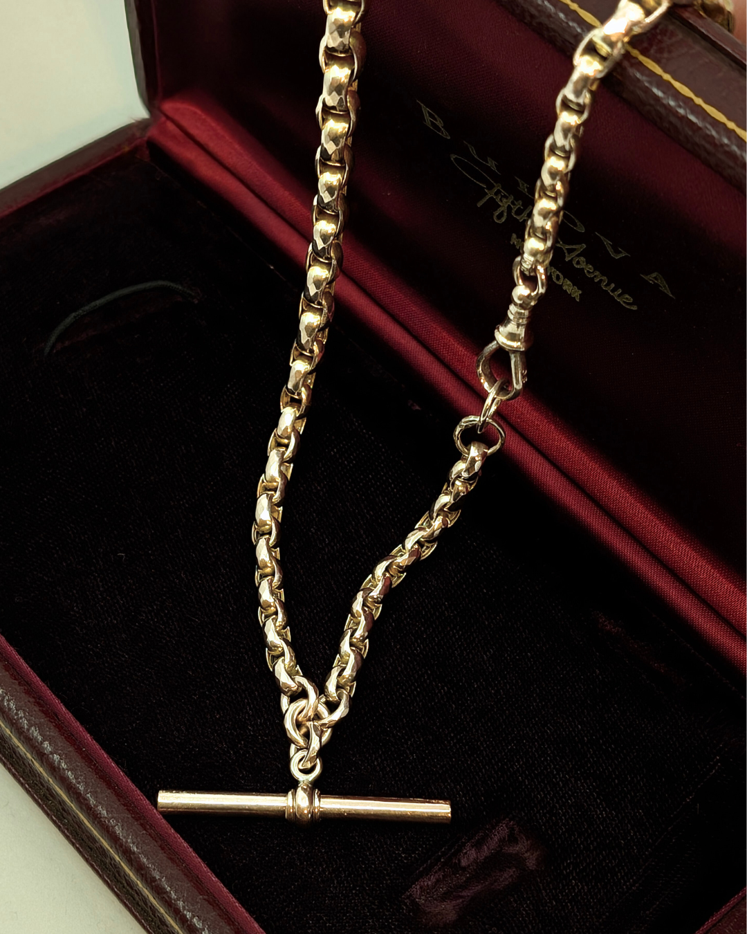 Antique Gold Faceted Belcher Link Albert Watch Chain with T-Bar