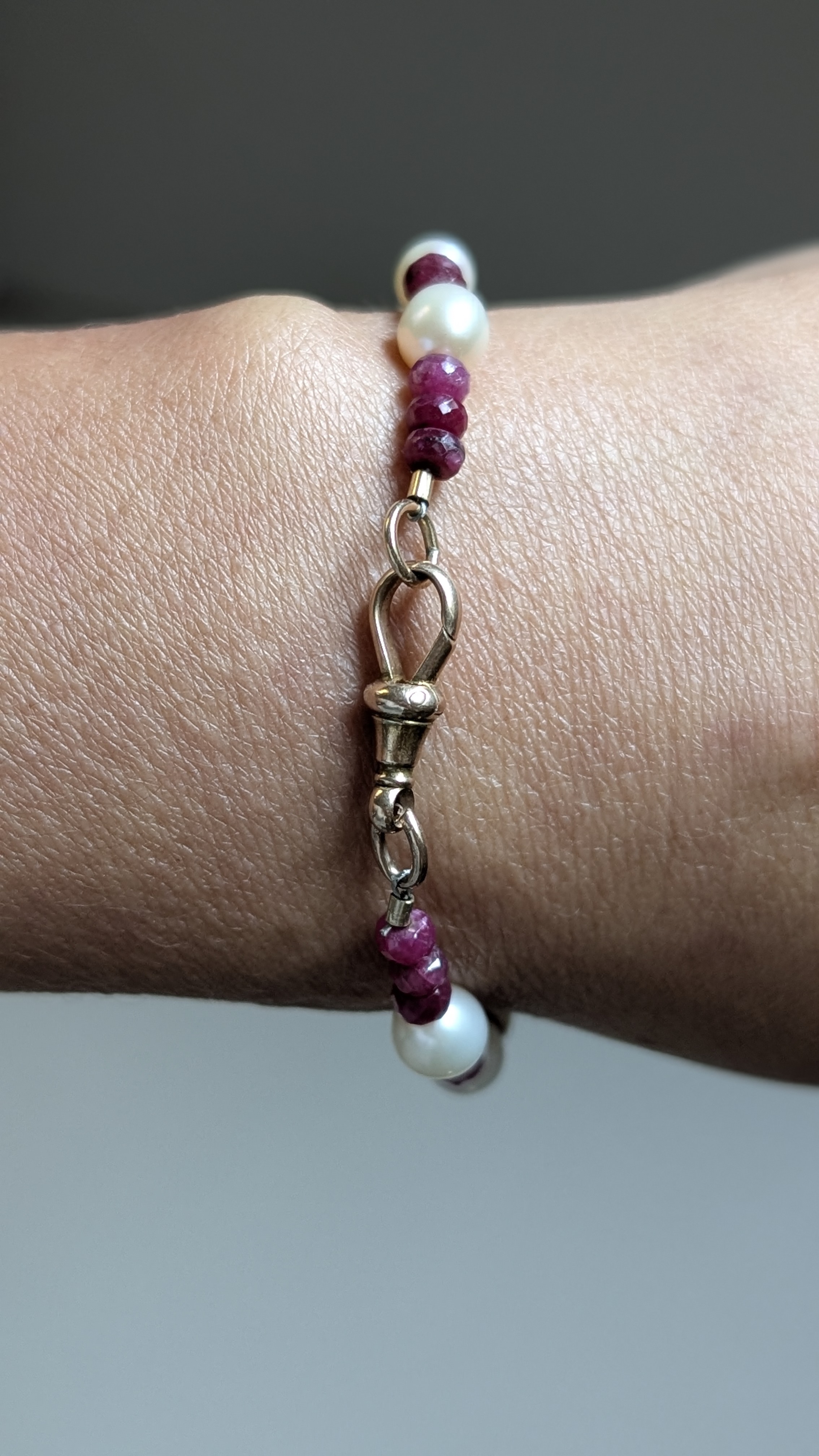Custom 14k Albert Chain with Pearl & Spinel Bracelet Extender - T-Bar and 2 Dog Cilps