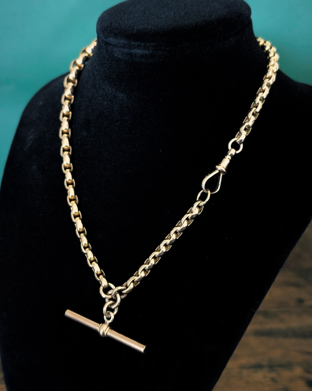 Antique Gold Faceted Belcher Link Albert Watch Chain with T-Bar