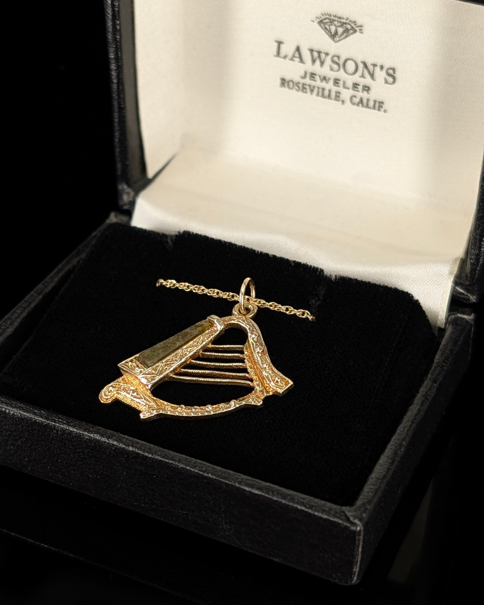 Antique Gold Harp Pendant Necklace