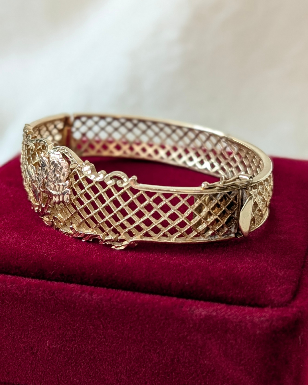 14k Filigree Bangle with a Diamond Cut Rose