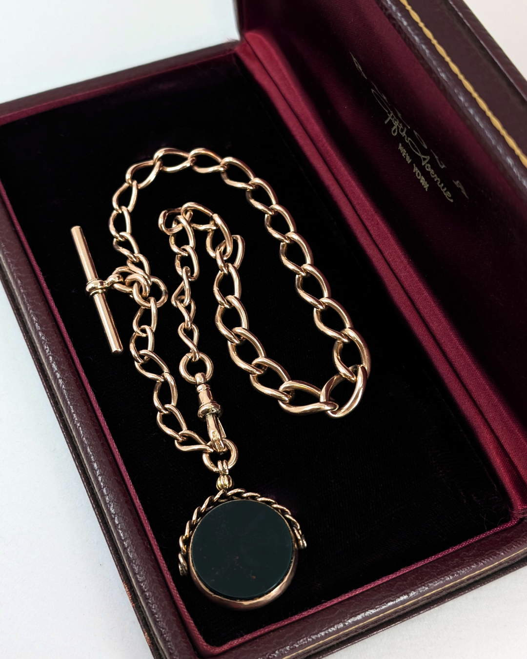 Chunky Antique Watch Chain with Fob Spinner, T-Bar and Dog Clip