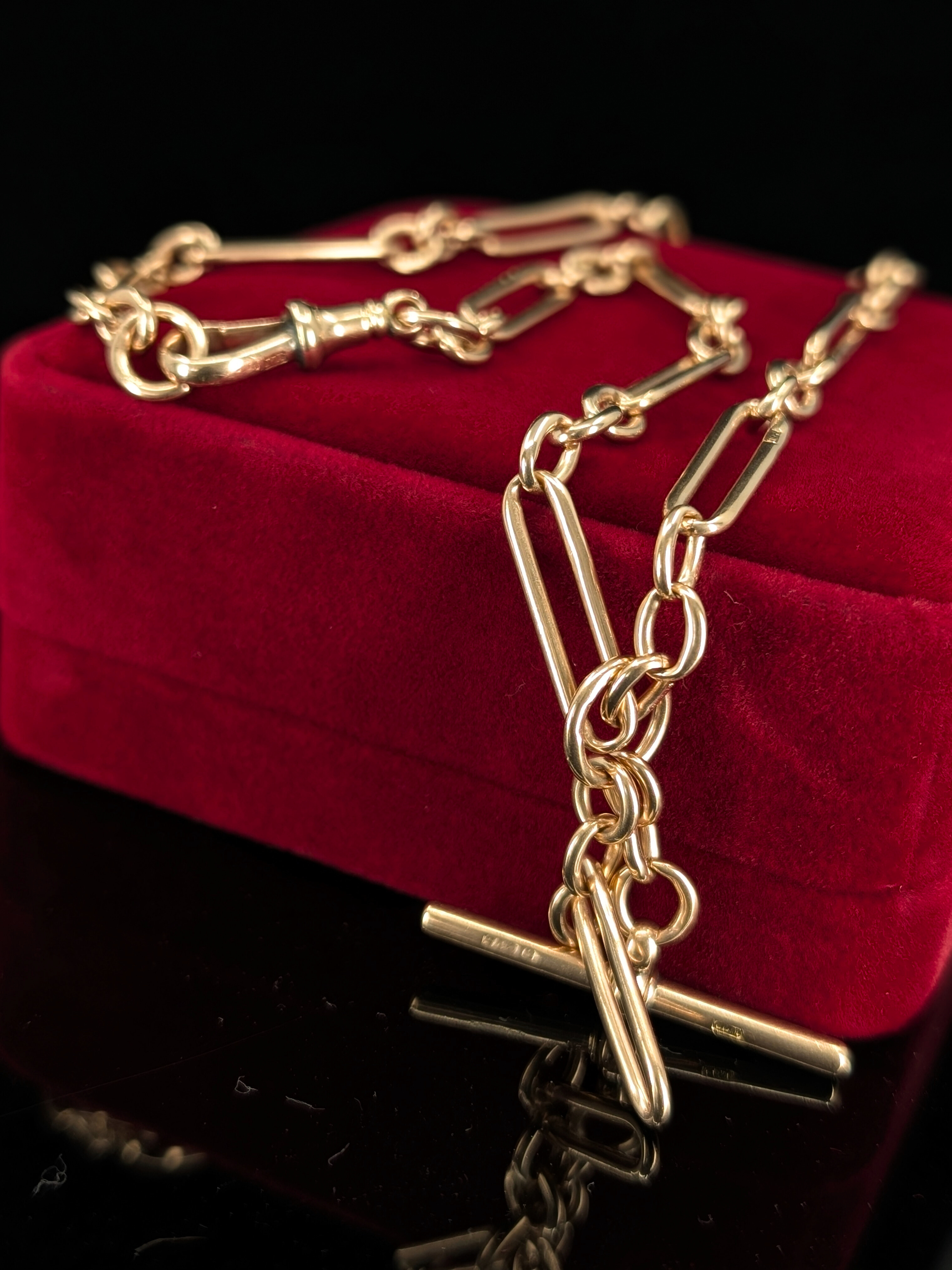 Antique Trombone Watch Chain with T-Bar and Dog Clip