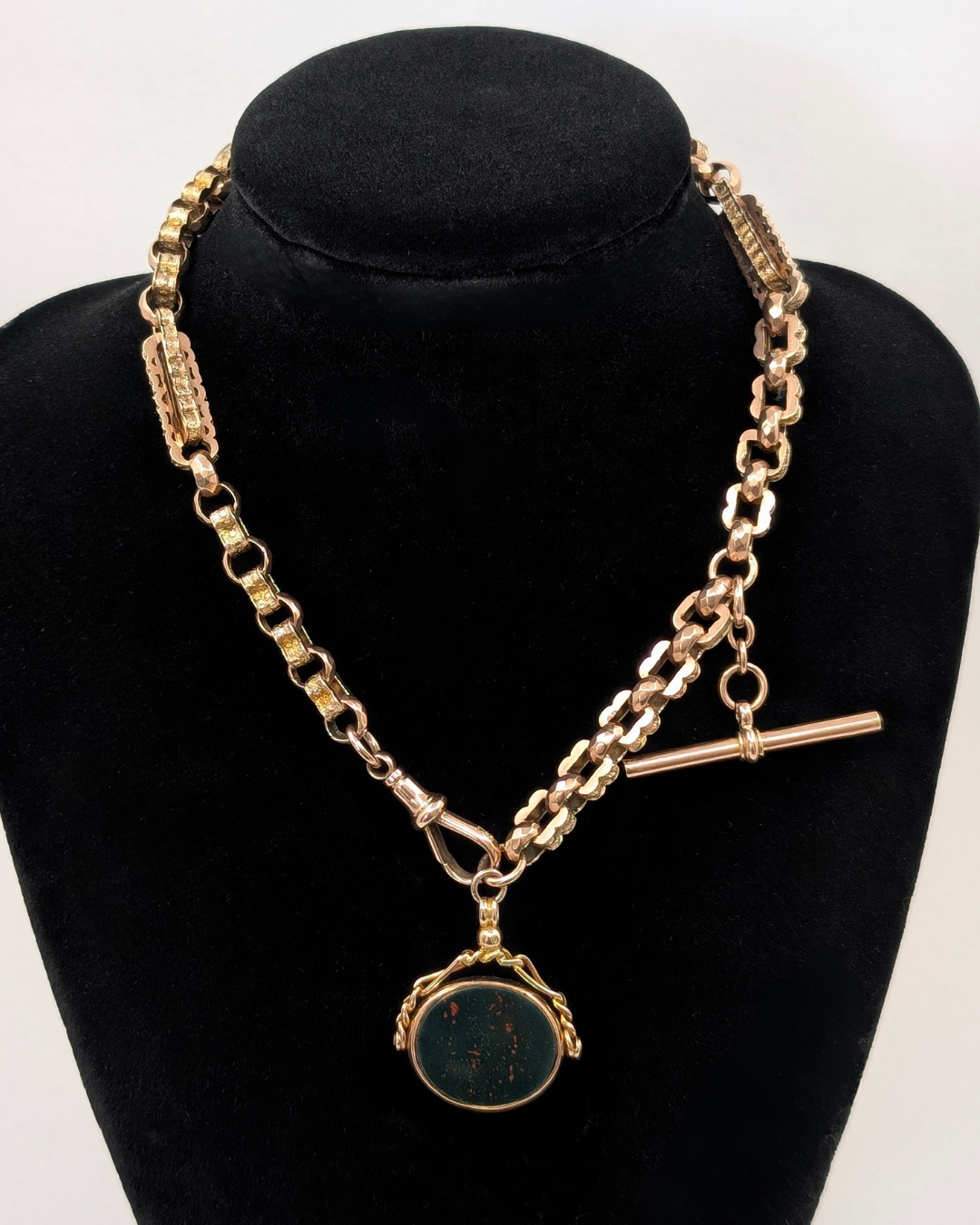 Antique Gold Star Link Watch Chain with Carnelian and Bloodstone Fob