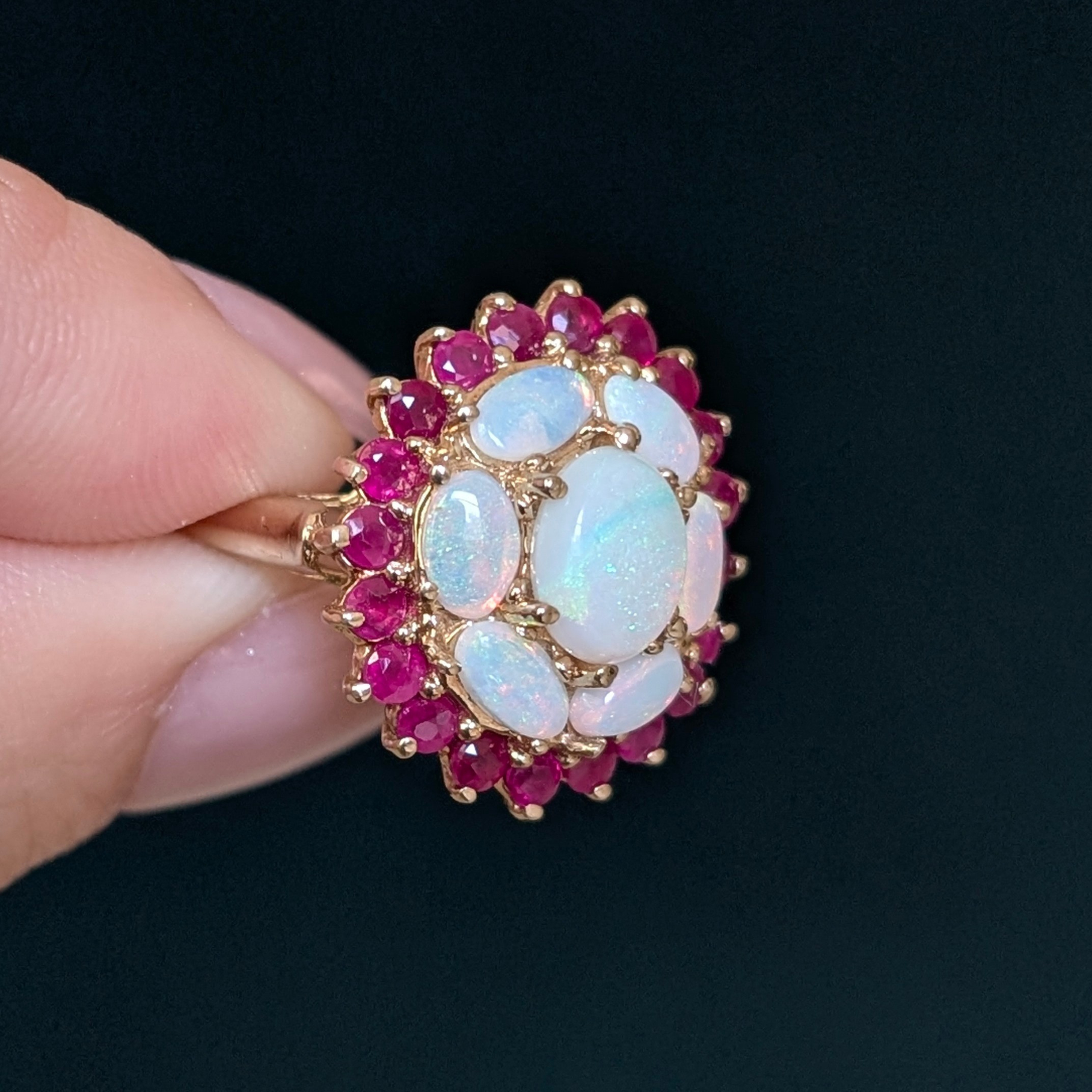 Gold Opal & Ruby Cluster Ring