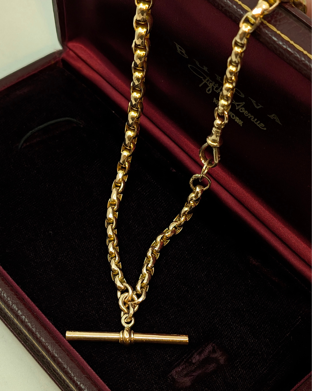 Antique Gold Faceted Belcher Link Albert Watch Chain with T-Bar