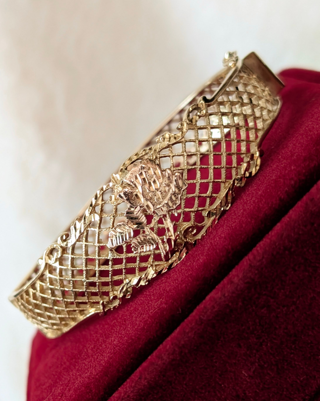 14k Filigree Bangle with a Diamond Cut Rose