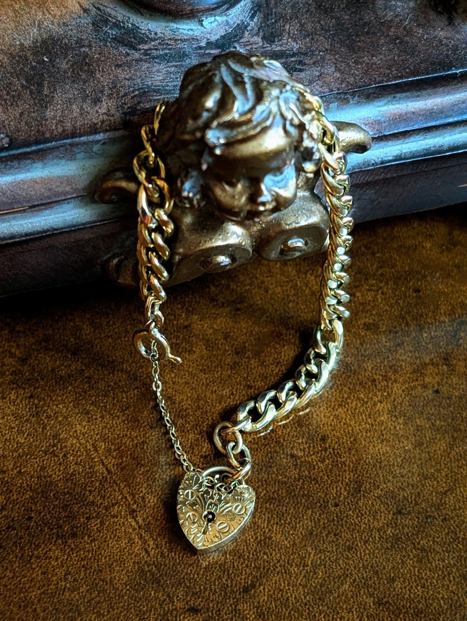 Antique Curb Bracelet with Engraved Heart Padlock