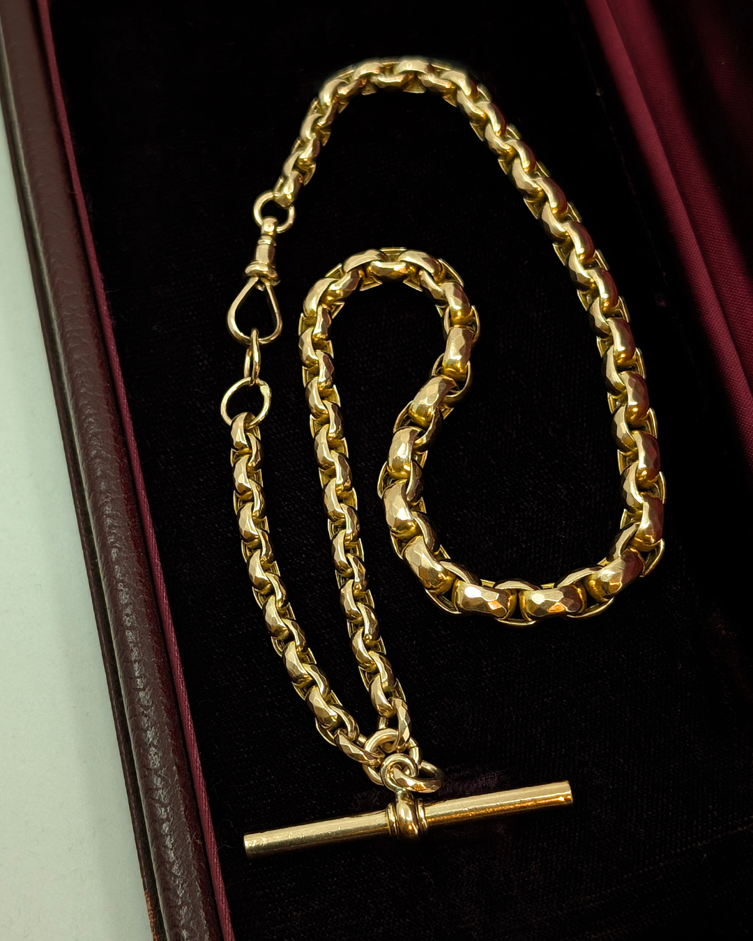 Antique Gold Faceted Belcher Link Albert Watch Chain with T-Bar