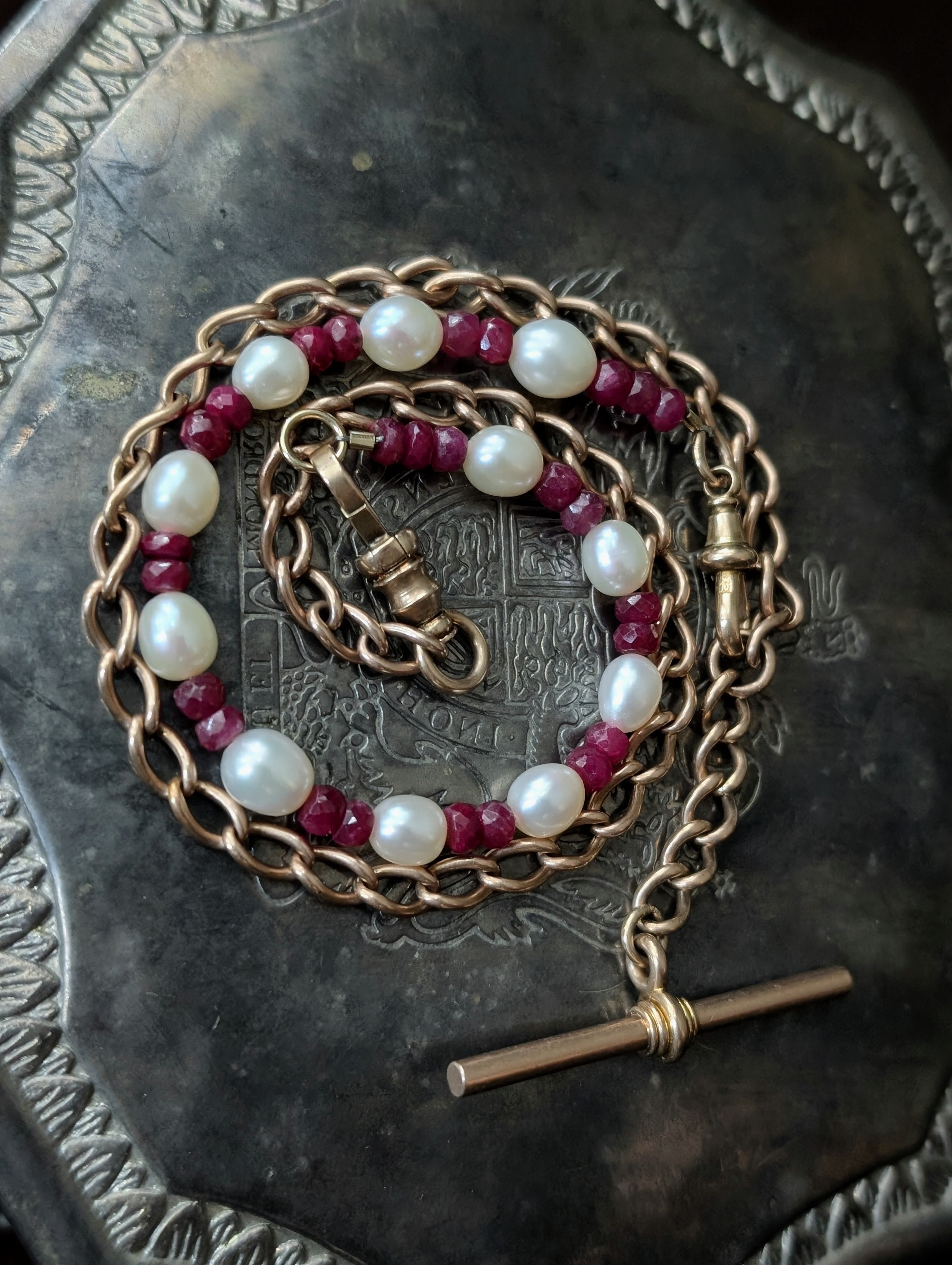 Custom 14k Albert Chain with Pearl & Spinel Bracelet Extender - T-Bar and 2 Dog Cilps
